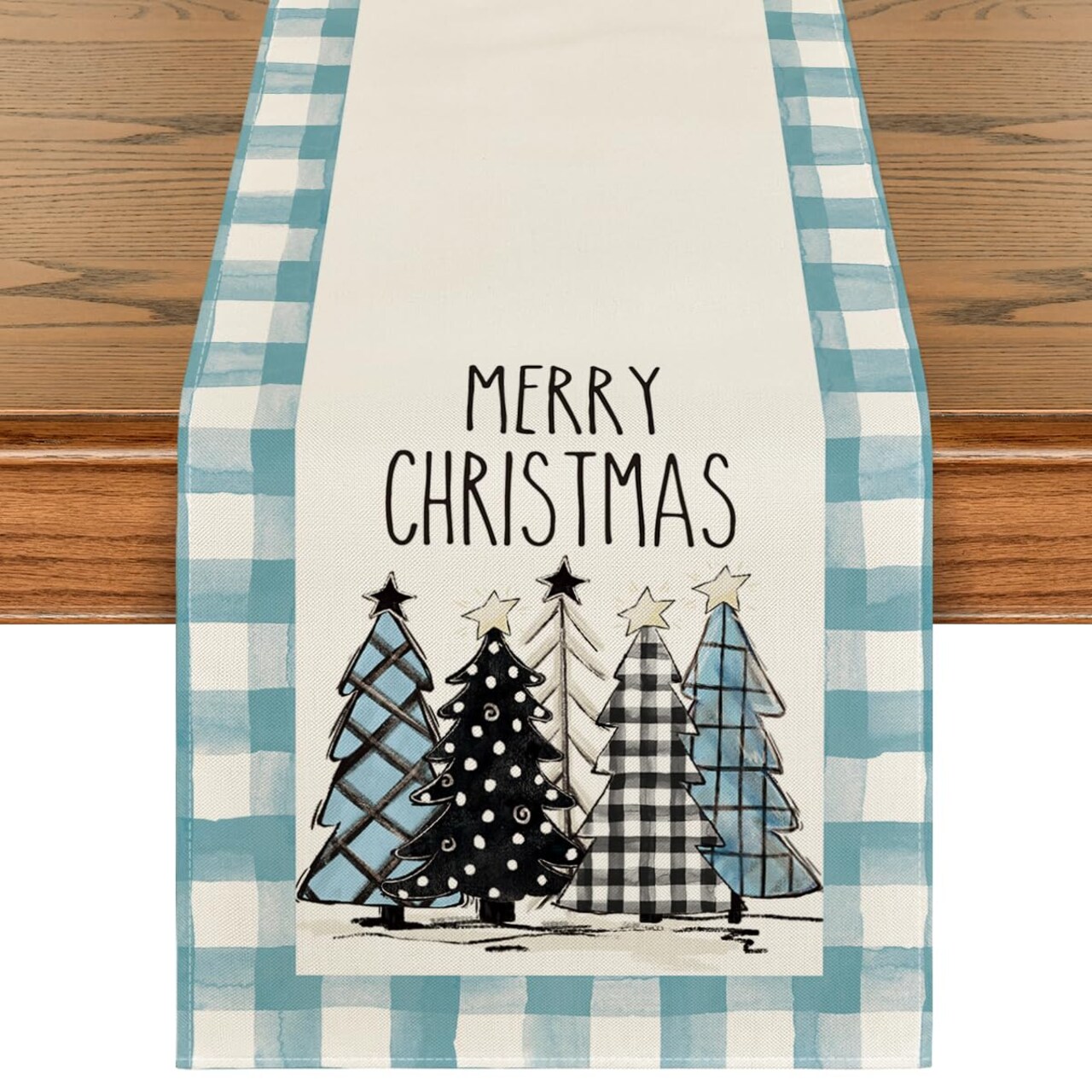 Bule Watercolor Buffalo Plaid Christmas Trees Merry Xmas Table Runner, Seasonal Winter Holiday Kitchen Dining Table Decoration for Indoor Outdoor Home Party Decor 13 x 72 Inch